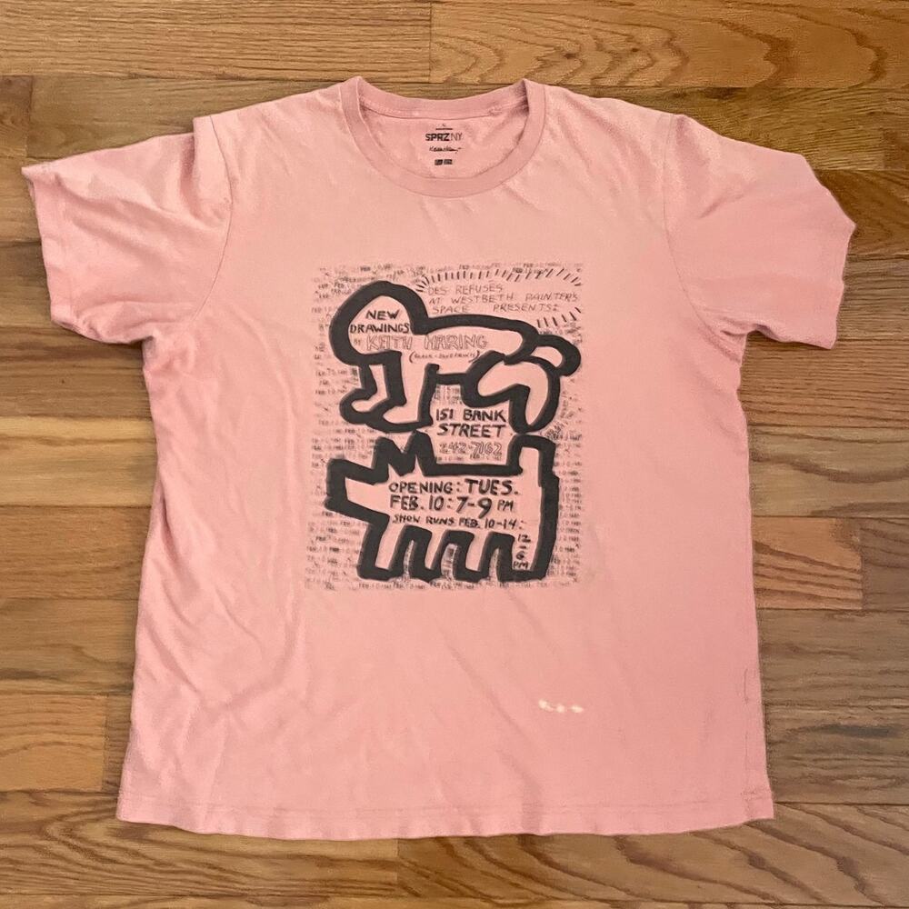 Keith Haring Uniqlo Mens Large SPRZ NY T Shirt Salmon Pink Pop Art Short Sleeve